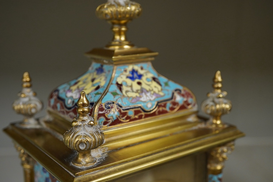 A French Barrie & Son champleve enamel and brass mantel clock with key, 27cm high. Condition - fair/good, untested